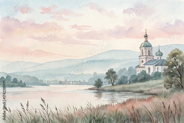 Fototapeta Peaceful Lake with Seabird and Bokeh Lights at Dusk