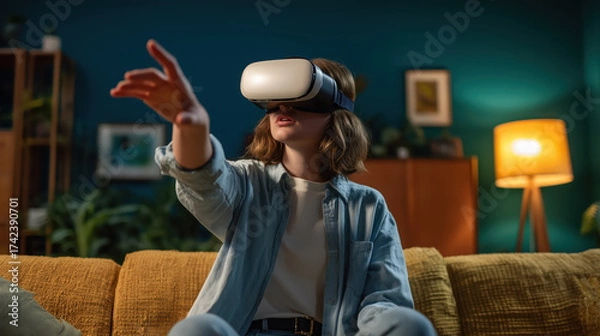 Obraz Woman wearing virtual reality headset exploring metaverse at home