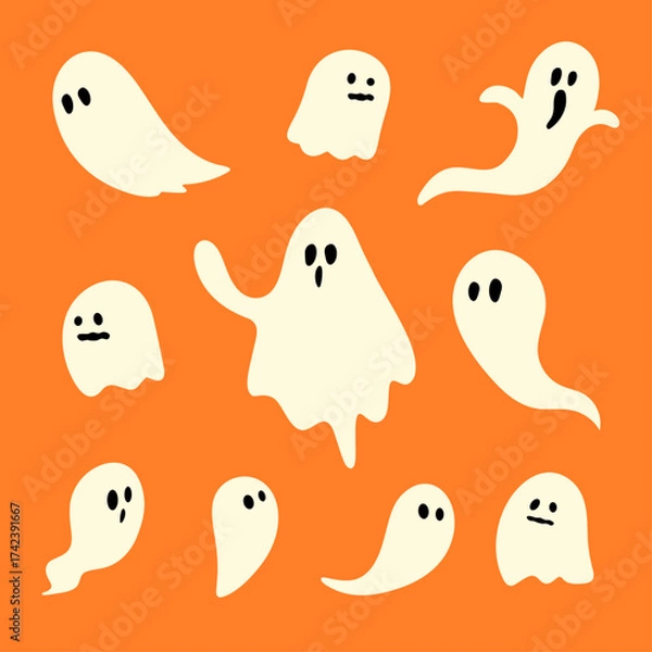 Obraz Cute Cartoon Ghost Characters on Orange Background for Halloween Design
