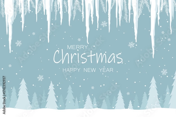 Fototapeta Snowy winter forest with beautiful icicles in the background. Winter forest landscape for background. Vector illustration of winter nature for Christmas design.