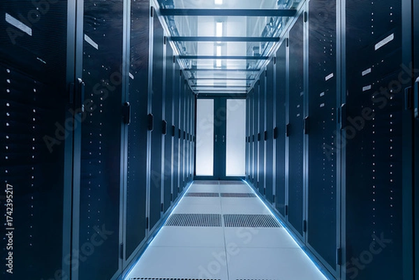 Fototapeta Data center avec racks de serveurs et réseau, 