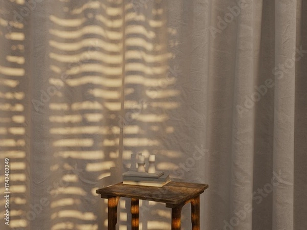Fototapeta Symmetric product display table with book, candle shadow on sheer curtain.
