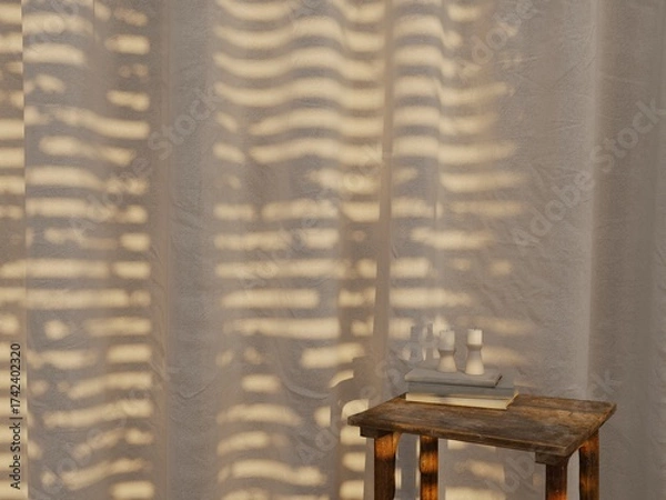 Fototapeta Minimalist product display table with book, candle shadow on sheer curtain.