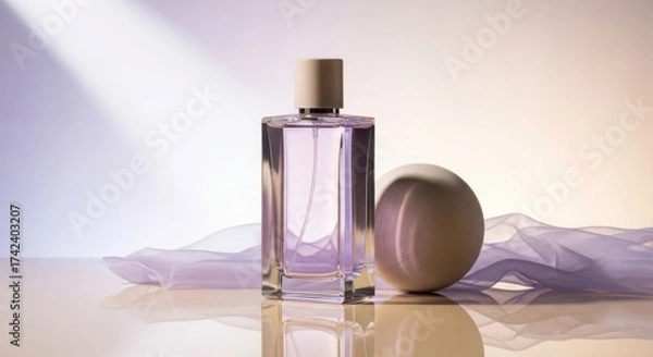 Fototapeta Rectangular glass perfume bottle with light purple liquid and beige cap next to a smooth sphere and sheer lavender fabric