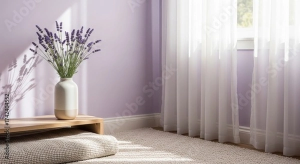 Fototapeta Lavender in a vase on a wooden stand with sheer curtains and sunlight flowers bouquet