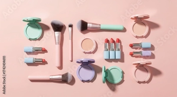 Fototapeta Assorted makeup products including lipsticks and powder compacts arranged on a pink background brush