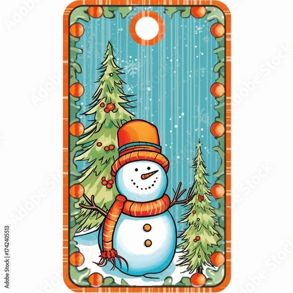 Fototapeta A cheerful cartoon snowman with an orange hat and scarf, surrounded by Christmas trees and ornaments, creating a festive winter scene.