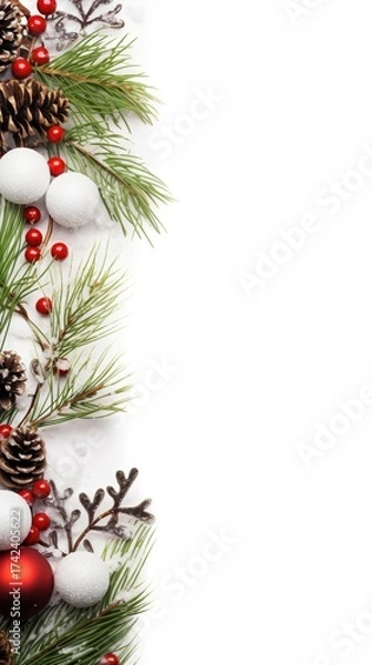 Fototapeta Festive Christmas backdrop with pine, ornaments, and cones, creating a joyful holiday atmosphere.