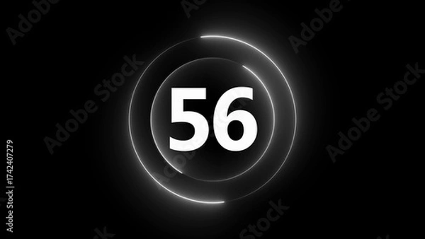 Fototapeta White neon glowing number 56 inside concentric circles on black background numeral digit