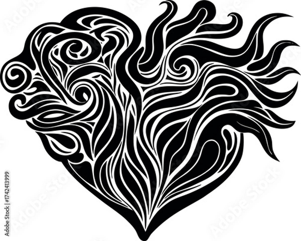 Obraz Vector art of black abstract heart shape with swirling lines