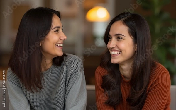 Fototapeta Two Women Engaged in Friendly Conversation in a Cozy Indoor Setting. High quality