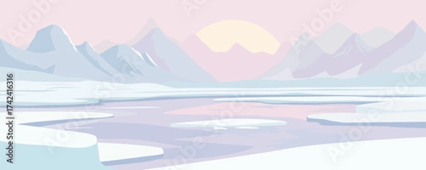 Fototapeta Melting glacier against a backdrop of beautiful mountains and sunset. Winter icy landscape with stunning mountains and nature. Stunning vector illustration of the Antarctic landscape.
