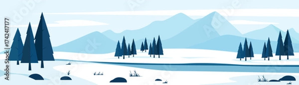 Fototapeta Winter nature landscape with beautiful mountains and forests in snowy weather. Winter landscape with a forest and river against a backdrop of mountains and snow. Vector illustration of winter nature.