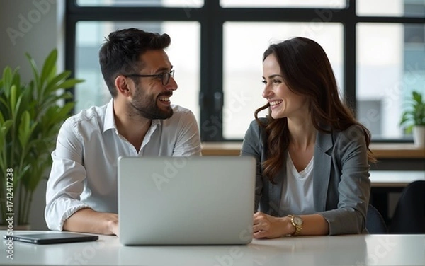 Fototapeta a photo of two business people sitting at a table in an office, working on laptops and smiling at each other while looking into the camera. they are wearing casual and appear professional yet relaxed,