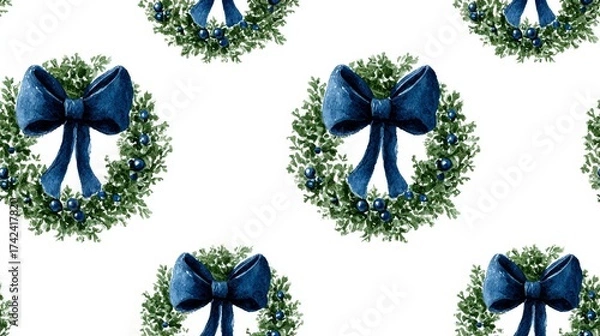 Obraz Christmas wreath pattern with elegant navy bow in watercolor effect, high quality decorative design isolated on white background, festive holiday ornament concept with spacious clean composition