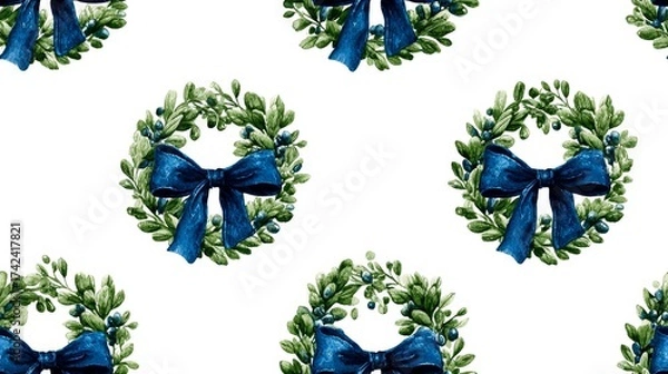 Obraz Christmas wreath pattern with elegant navy bow in watercolor effect, high quality decorative design isolated on white background, festive holiday ornament concept with spacious clean composition