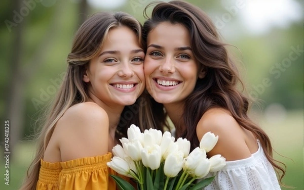 Fototapeta Young white two women hugging and smiling while posing with flowers. High quality