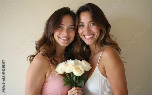 Fototapeta Young white two women hugging and smiling while posing with flowers. High quality