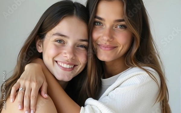 Fototapeta Young white two women hugging while looking at camera. High quality