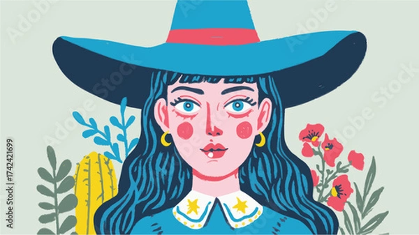 Fototapeta Halloween witch illustration with hat and floral details in colorful artistic style