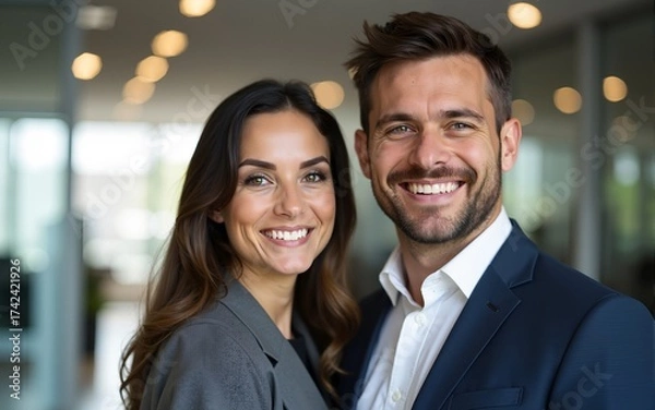 Fototapeta The smile man and woman stand on the background of the office center. High quality