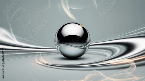 Fototapeta Abstract digital art background featuring a gleaming silver sphere with flowing silvery and teal swirls and subtle light effects illustration