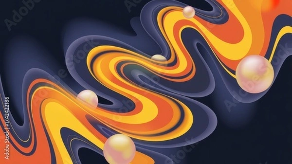 Fototapeta Abstract swirling liquid forms with luminous spheres in warm orange yellow and blue tones flowing dynamically illustration