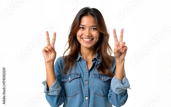 Fototapeta Young brazilian woman wearing denim shirt standing over isolated white background showing and pointing up with fingers number two while smiling confident and happy. High quality