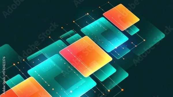 Fototapeta Vibrant digital abstract art featuring glowing gradient squares and geometric shapes in a dynamic composition illustration