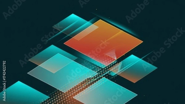Fototapeta Abstract digital art featuring glowing teal and orange rhombus shapes with subtle motion blur effect illustration