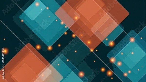 Fototapeta Abstract geometric pattern with teal and orange squares and glowing orbs futuristic digital art background illustration