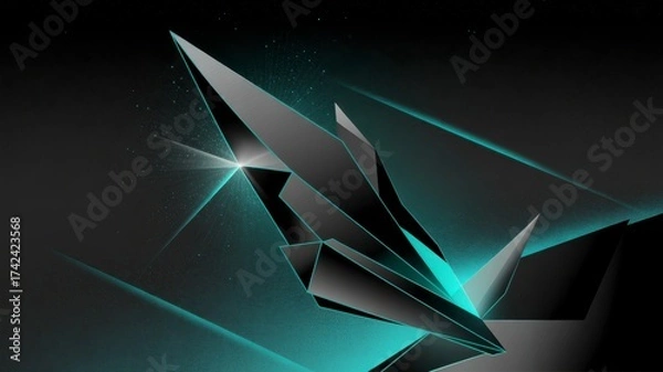 Fototapeta Futuristic abstract digital art with sharp geometric shapes and glowing cyan and green neon lights illustration