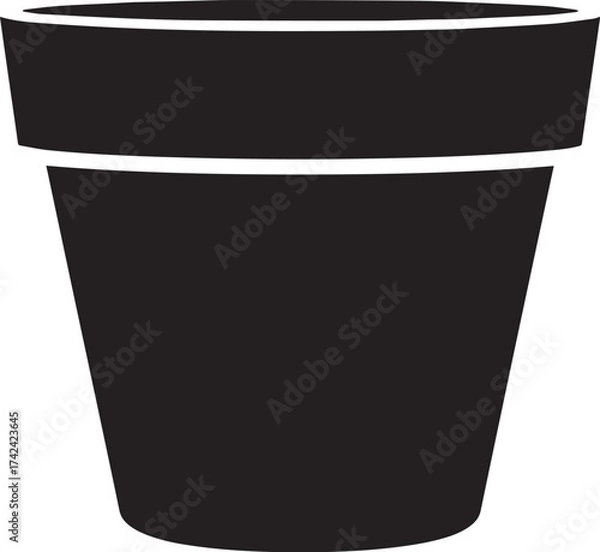 Fototapeta Minimalist Black Flower Pot Silhouette with White Rim and Base Outlines, Simple Garden Container Icon.