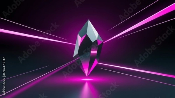 Fototapeta Abstract crystal forms illuminated by vibrant neon pink light streaks in dark futuristic environment illustration