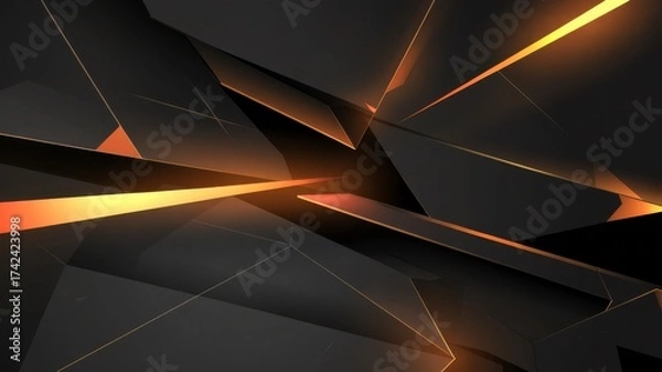 Fototapeta Abstract dark geometric shapes with fiery orange and yellow light streaks and glow effects creating dynamic motion illustration