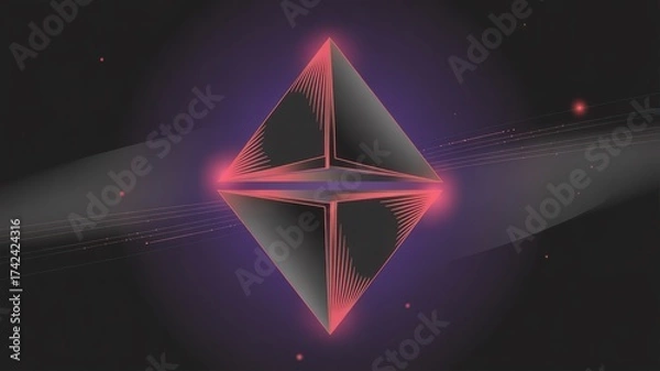 Fototapeta Abstract geometric crystal prism glowing with pink neon light edges on dark nebula background illustration