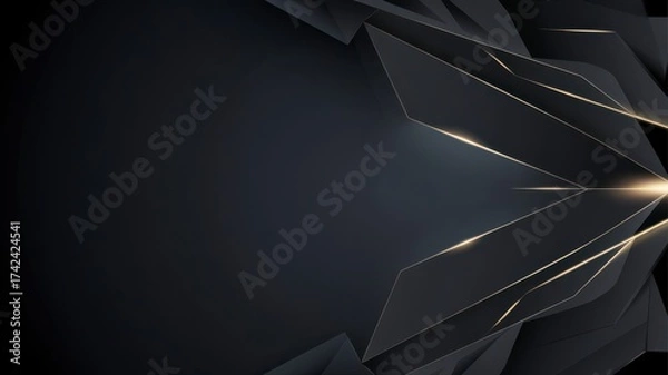 Fototapeta Abstract dark grayscale geometric shapes evolving with light streaks and golden glow on the right side illustration