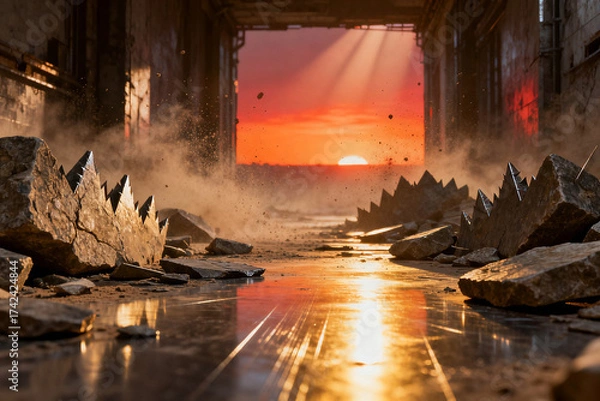 Fototapeta Sunset through a ruined corridor