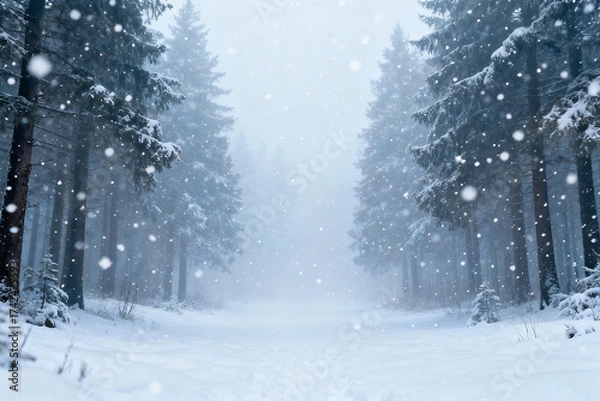 Fototapeta Snowy forest with falling snow