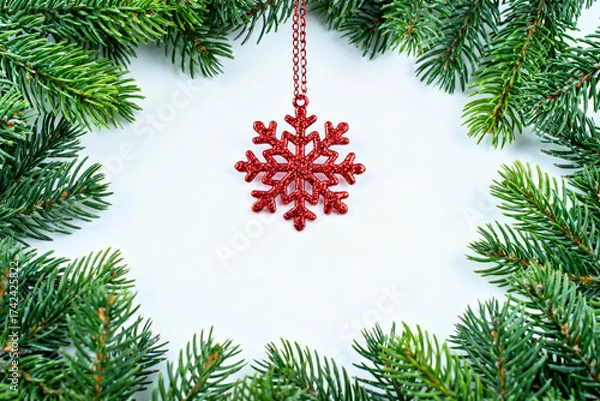 Fototapeta Red snowflake ornament on green branches