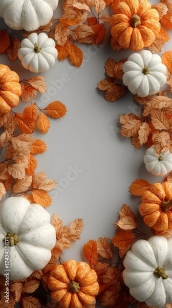 Obraz Autumn pumpkins and orange leaves arranged as a decorative frame on clean white background with empty center space for product or text, elegant Halloween design with photorealistic studio lighting