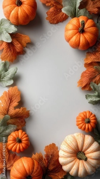 Obraz Autumn pumpkins and orange leaves arranged as a decorative frame on clean white background with empty center space for product or text, elegant Halloween design with photorealistic studio lighting