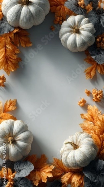 Obraz Autumn pumpkins and orange leaves arranged as a decorative frame on clean white background with empty center space for product or text, elegant Halloween design with photorealistic studio lighting