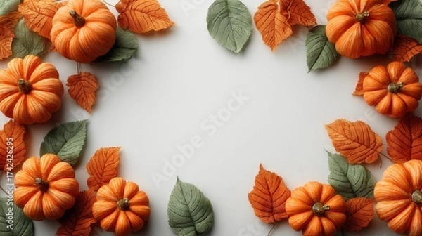 Obraz Autumn pumpkins and orange leaves arranged as a decorative frame on clean white background with empty center space for product or text, elegant Halloween design with photorealistic studio lighting