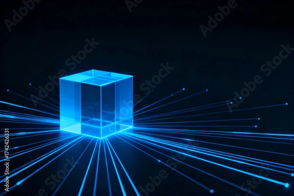 Obraz Blue glowing cube with light rays