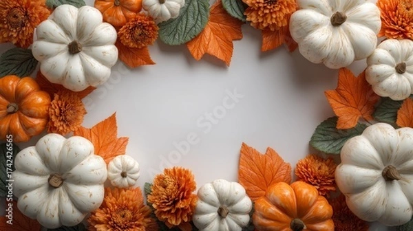 Obraz Autumn pumpkins and orange leaves arranged as a decorative frame on clean white background with empty center space for product or text, elegant Halloween design with photorealistic studio lighting
