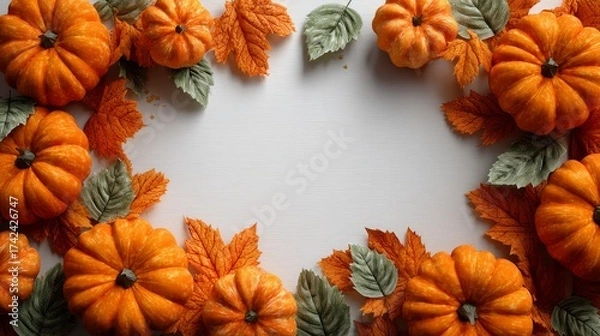 Obraz Autumn pumpkins and orange leaves arranged as a decorative frame on clean white background with empty center space for product or text, elegant Halloween design with photorealistic studio lighting