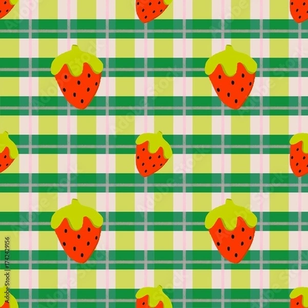 Obraz Seamless Strawberry Pattern on Green Plaid Background