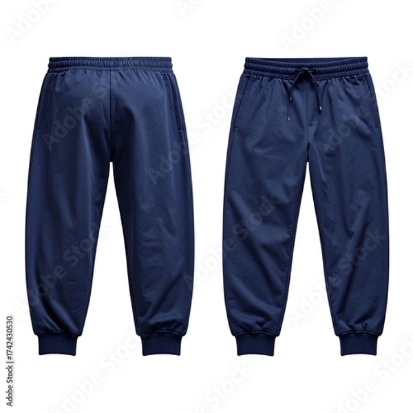 Obraz Sportswear Mockup — Navy Blue Track Pants Displayed Front and Back Isolated PNG