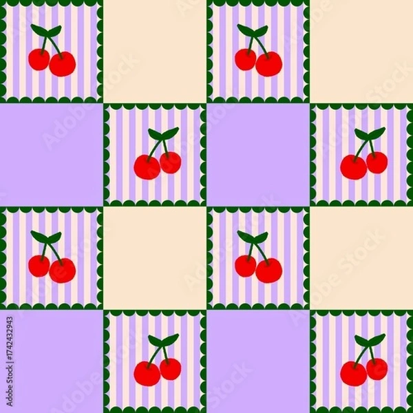 Obraz Cute Cherry Checkered Seamless Pattern, Retro Aesthetic Fruit Design Background
